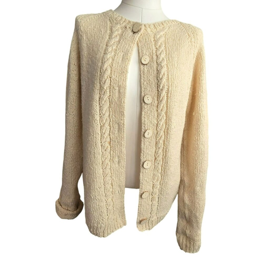 Vintage Beige Wool? Button-Up Cardigan Sweater Handmade? HS157